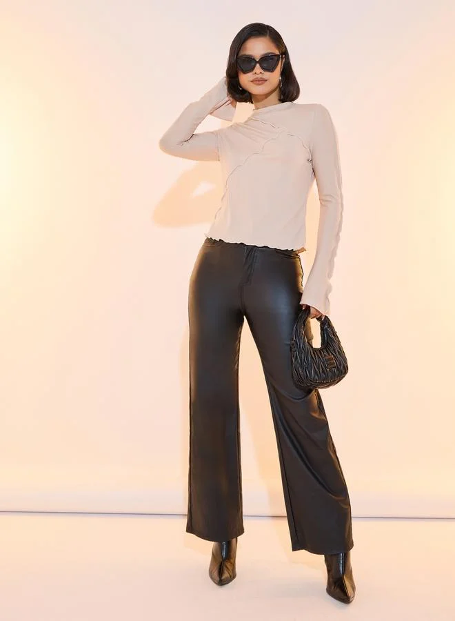 Take Two Overlock Seam Detail Lettuce Edge Rib Knit Top